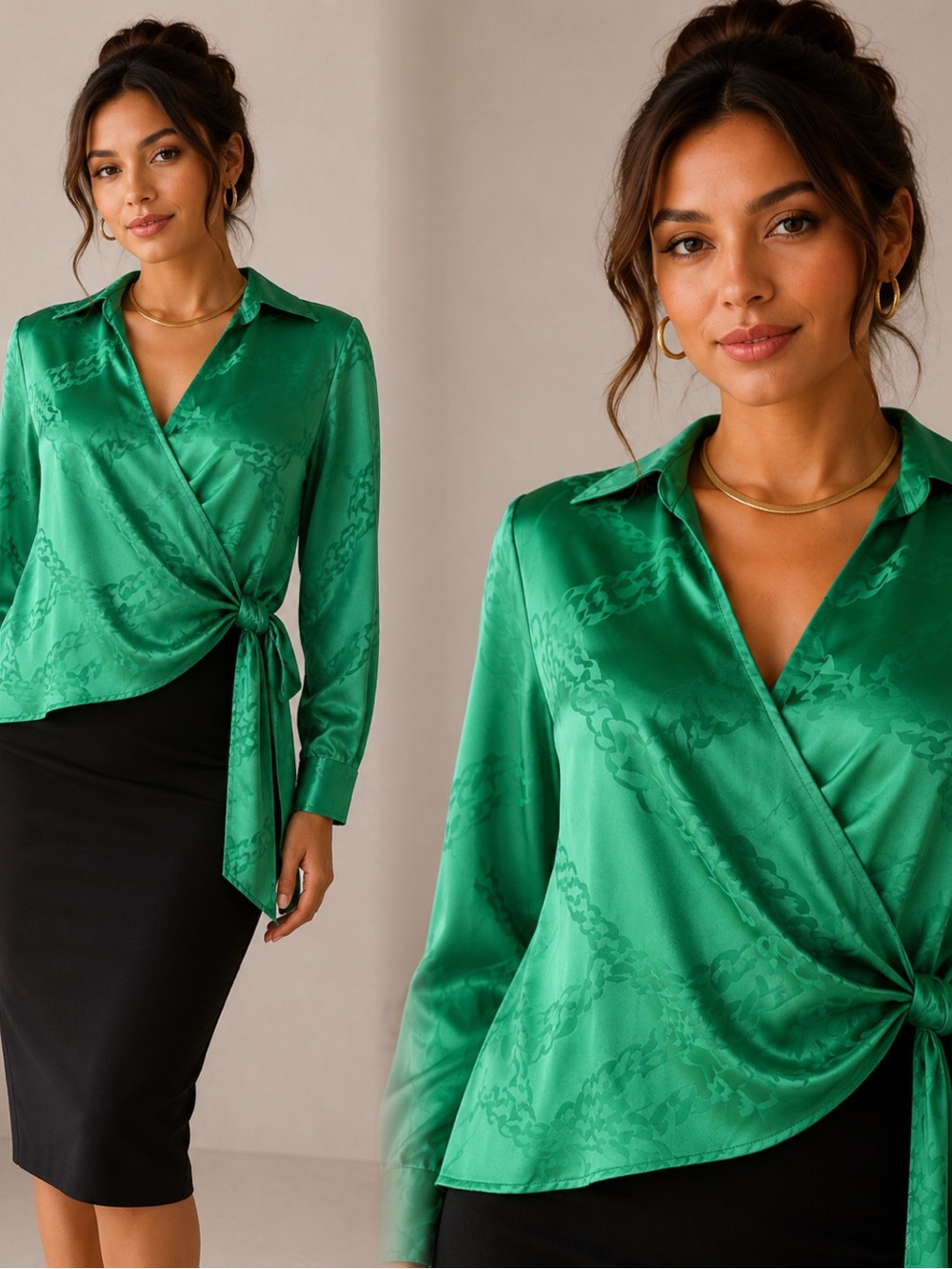 RACHEL Rachel Roy Emerald Green Satin Wrap Blouse with Side Tie